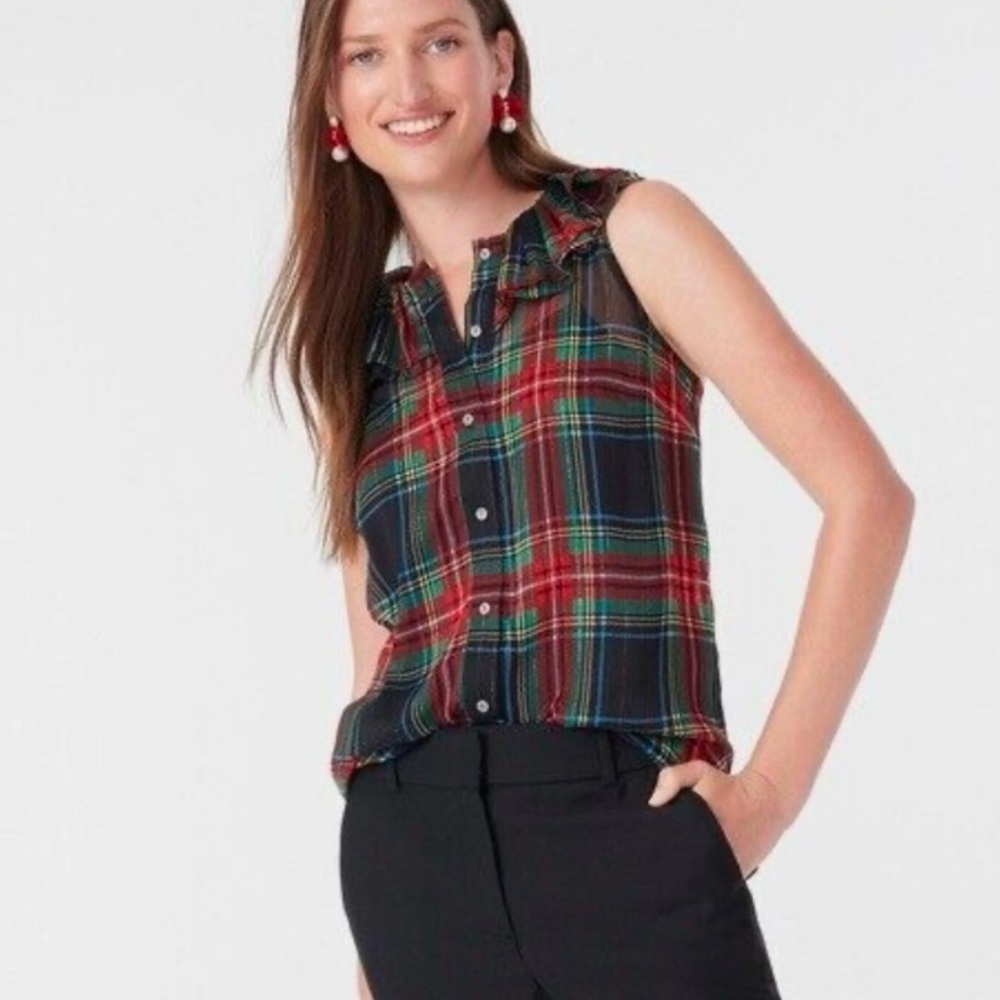 J. Crew Plaid Sleeveless Ruffle Button-Down - Red, Green, Navy